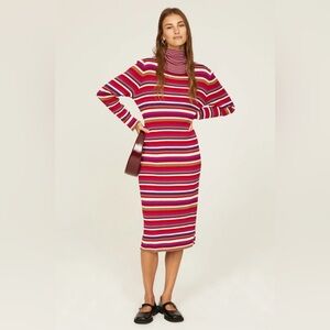 Lisa Says Gah Striped Ribbed Turtleneck Midi Dress in Pink, Red, White